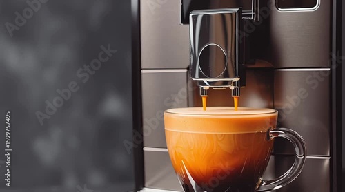 A coffee machine expertly pours rich espresso into a glass mug, showcasing the brewing process.
