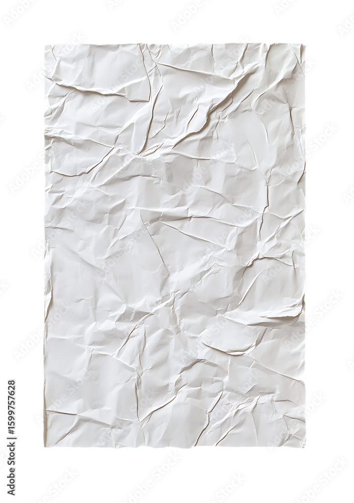 Obraz premium Close up of a full white crumpled sheet of paper with rough edges and deep wrinkles isolated on white or transparent png