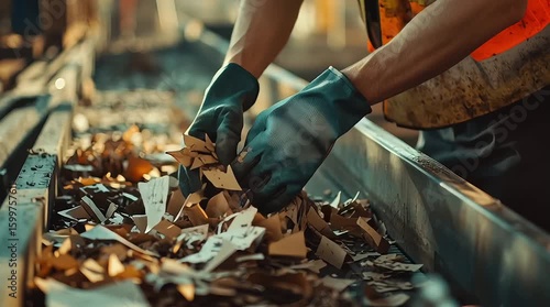 Worker's gloved hands sort mixed paper waste on a conveyor, showcasing the crucial process of recycling and waste management.
