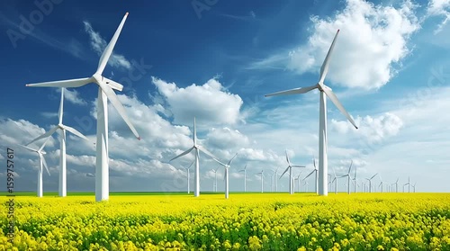 Wind turbines stand tall in a vibrant yellow field under a blue sky, representing renewable energy and sustainability.
