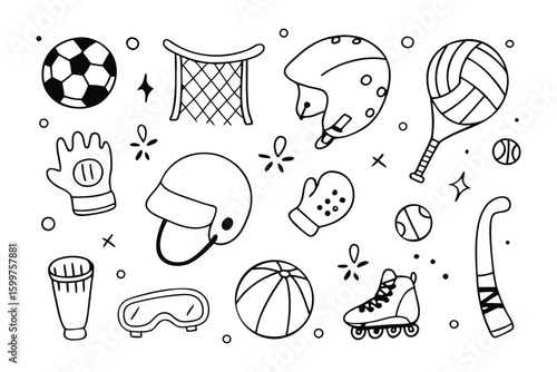 Doodle Sports: A collection of hand-drawn sport equipment and associated objects