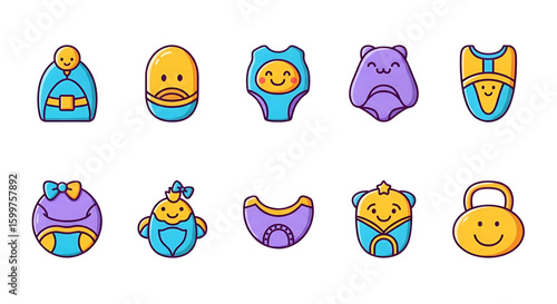 Icon set transparent background illustration of a collection of cute and colorful baby clothing icons including onesies bibs and rompers featuring playful