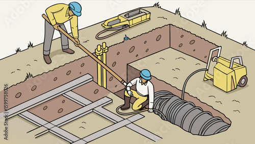Two workers installing pipes in a trench with tools and equipment on a construction site outdoors