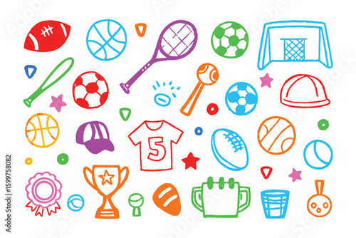 Playful Sports Icons: A delightful array of whimsical sports icons, designed with vibrant colors and a playful aesthetic, perfect for conveying energy and excitement.
