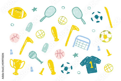Sports Equipment in Delightful Design: A captivating collection of hand-drawn sports equipment floats amidst a vibrant ensemble of playful, eye-catching elements.