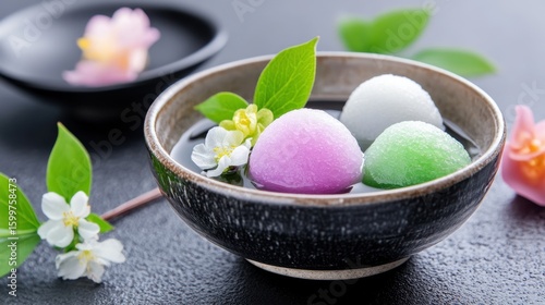 Wallpaper Mural Playful dessert display featuring colorful mochi, tiny blossoms, and fresh green leaves in a bowl Torontodigital.ca