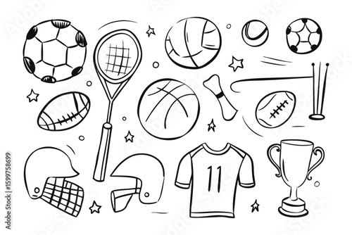 Sports doodles: A collection of sports equipment and paraphernalia, drawn in a whimsical, artistic style, capturing the essence of various athletic endeavors.