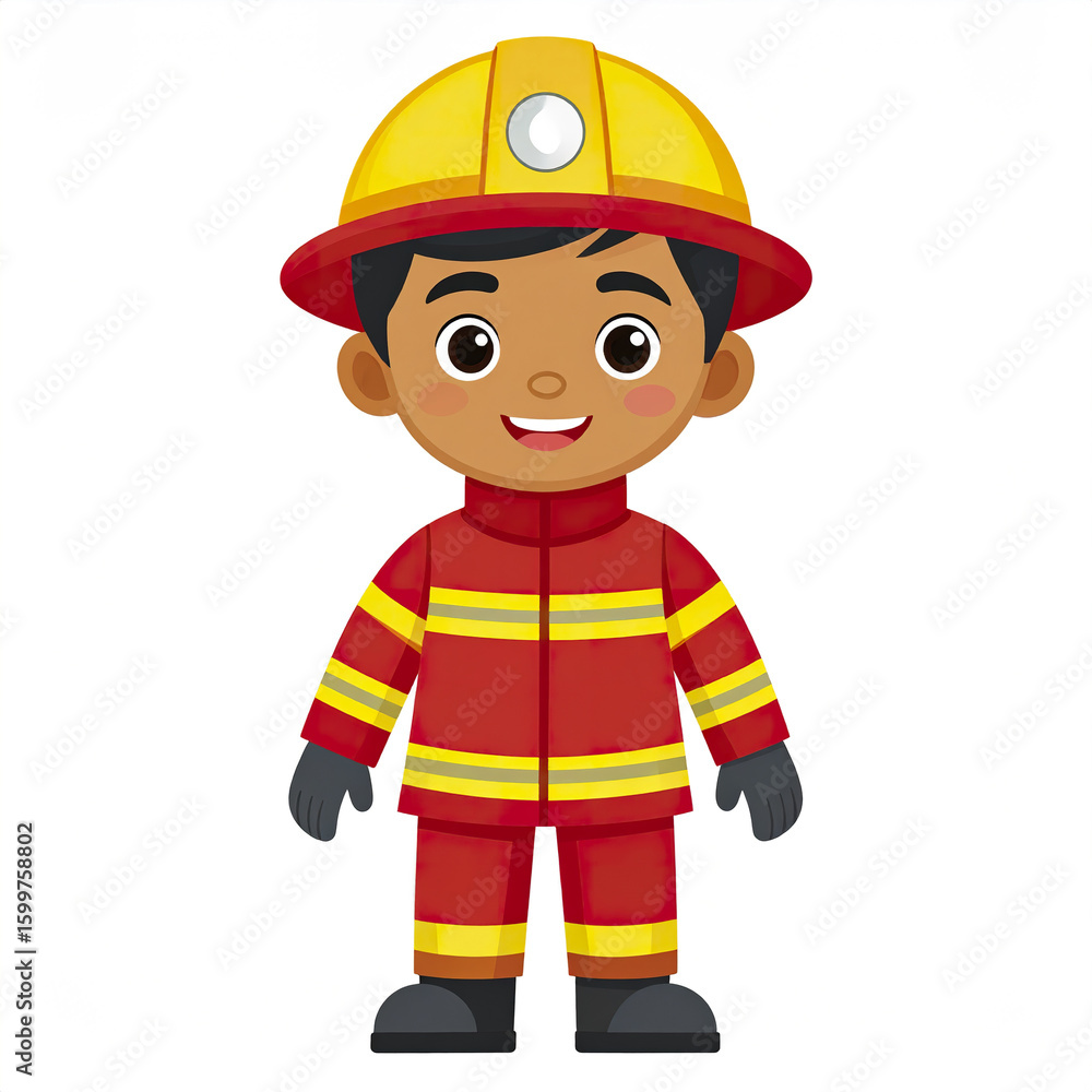Cheerful cartoon firefighter character wearing yellow helmet and red protective suit with reflective stripes, standing confidently on white background Cheerful cartoon firefighter character wearing yellow helmet and red protective suit with reflective stripes, standing confidently on white background