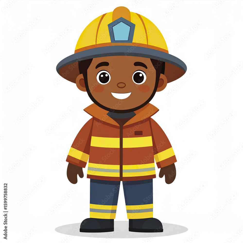 Cheerful cartoon firefighter character wearing yellow helmet and brown protective uniform with reflective stripes stands smiling confidently on white background Cheerful cartoon firefighter character wearing yellow helmet and brown protective uniform with reflective stripes stands smiling confidently on white background