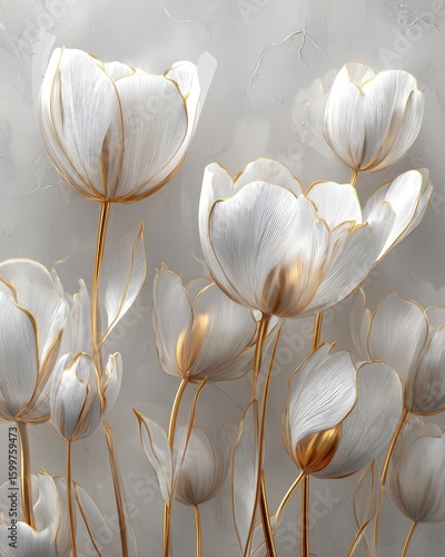 Elegant White Tulips with Gold Accents on Grey Background