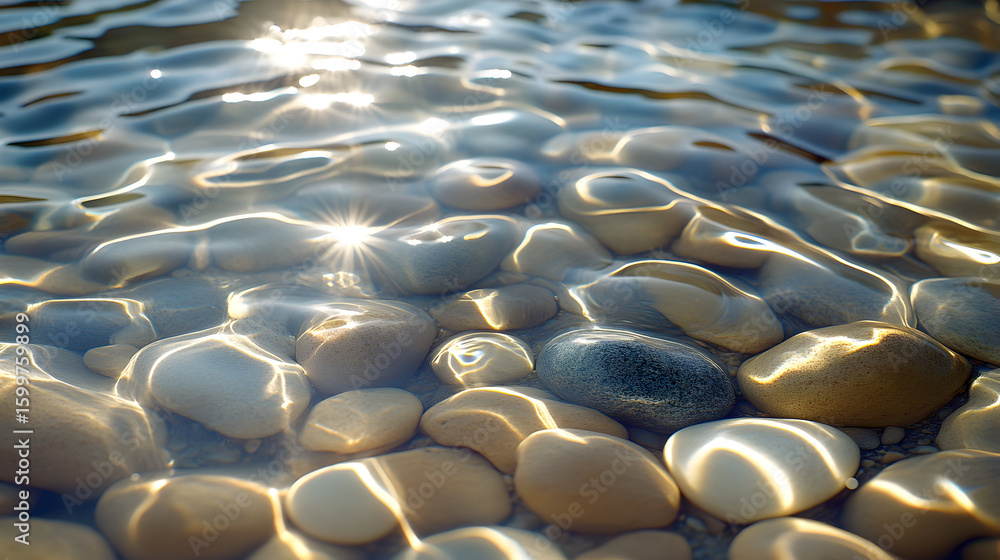 Fototapeta premium Smooth stones under shallow, clear water; sunlight reflecting on surface.