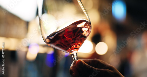 Papier peint Hand, person and swirl red wine for taste testing, quality control and sensory ritual in glass