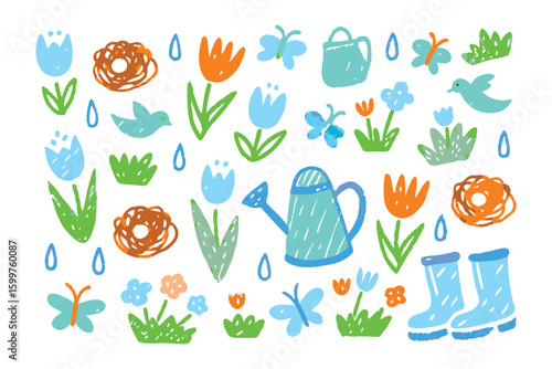 Spring Garden Delight: A cheerful, handcrafted illustration bursting with the freshness of spring. Featuring tulips, butterflies, watering can, raindrops, boots, flowers, and birds.