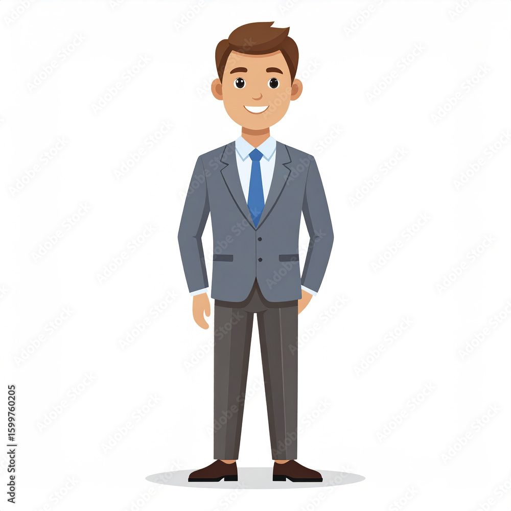 Smiling businessman character wearing gray suit and blue tie standing confidently with hands relaxed, isolated on white background Smiling businessman character wearing gray suit and blue tie standing confidently with hands relaxed, isolated on white background