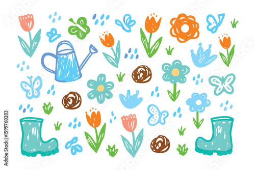 Springtime Garden Doodle: Whimsical doodle art brings the joy of gardening to life, a visual burst of flowers, and gardening tools, hand-drawn with colorful crayons.