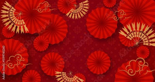 Exquisite textured background in red with a gold fan.
