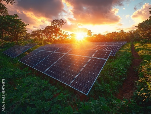 Solar Panel Farm at Sunset in Lush Green Field with Pathway and Trees