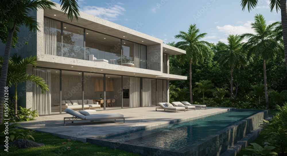 Fototapeta premium Modern villa with pool and palm trees in a tropical setting on a bright sunny day outside home