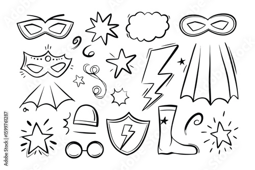 Superhero Accessories Doodle: A captivating collection of hand-drawn doodle superhero accessory illustrations, perfect for adding a playful and whimsical touch to any creative project.