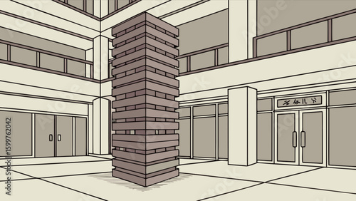 Illustration of a tall stacked stone structure in a building atrium with shops and balconies