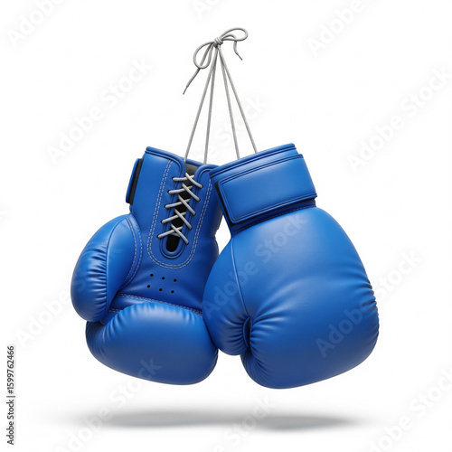 Hanging Blue Boxing Gloves on White Background