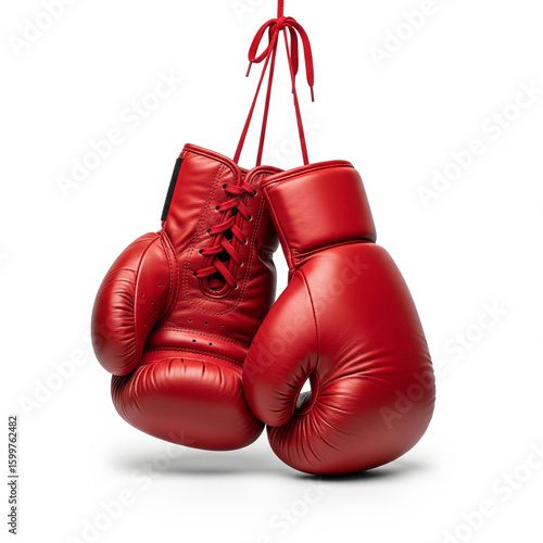 Hanging Red Boxing Gloves on White Background