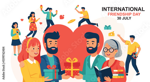 International Friendship Day 2025: Heartfelt Gifts & Shared Joy. Friends exchanging presents and celebrating bonds around a large heart, symbolizing love and connection.

