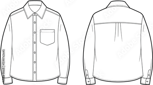 Long sleeve button down shirt technical vector, front and back flat sketch, casual shirt design template, cad drawing illustration