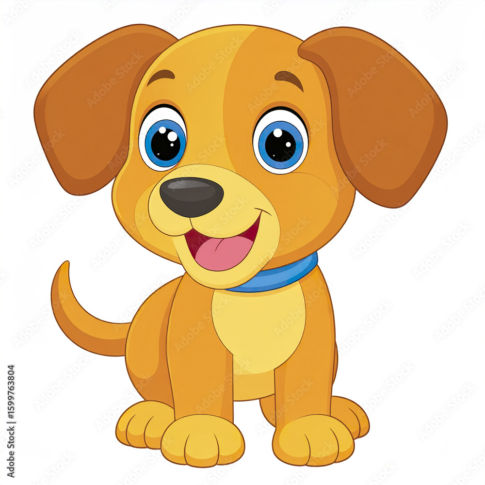Obraz premium Cute cartoon dog with big blue eyes and happy expression sitting with wagging tail and wearing blue collar on white background