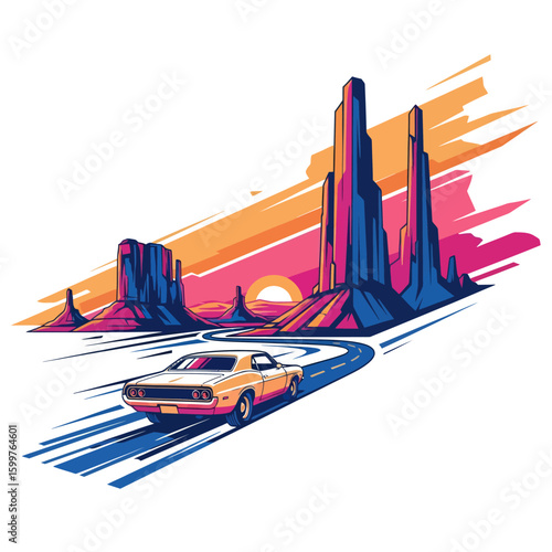Retro Car Journey in Desert Landscape Illustration