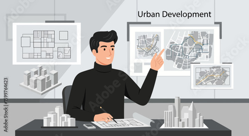 Creative Architect Planning New Cityscape Design In His Modern Workplace