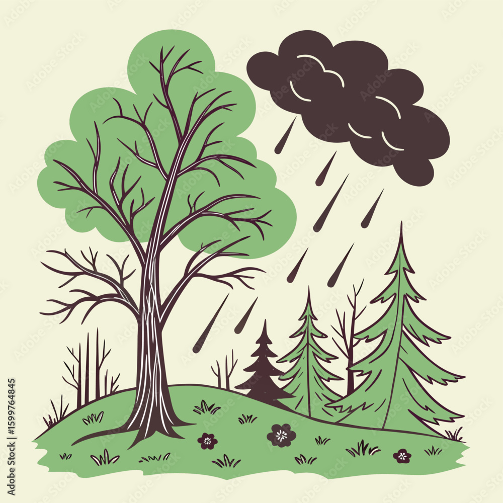 Obraz premium Illustration of a Rainy Day in the Forest: The illustration captures a serene scene of raindrops falling on a forest's lush greenery, a symbolic depiction of nature's cycle