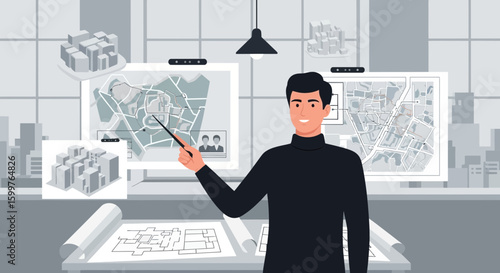 Architect Presenting Urban Development Plan With Cityscape Models And Maps