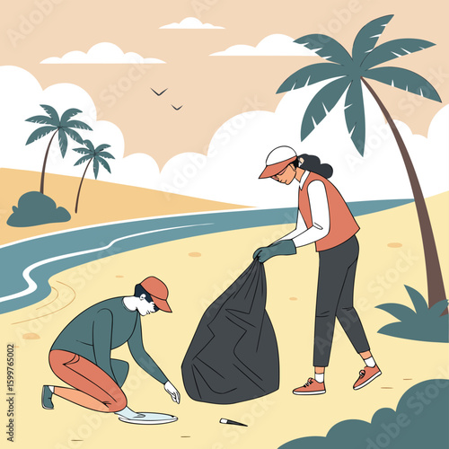 Beach Cleanup: People dedicating their time to gather litter, contributing to the global environmental cleanup effort and fostering a cleaner, healthier planet.