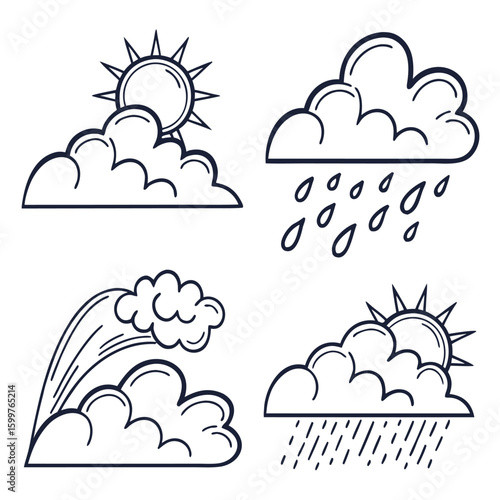 Weather Icons: A set of hand-drawn weather icons, conveying sunshine, rain, wind, and cloudy conditions. Each emblem depicts various weather elements, providing a simple and communicative style.