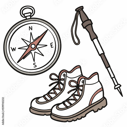 Navigating the Trail: An illustration of essential hiking gear, including a compass, hiking boots, and a trekking pole, ready for outdoor exploration. 