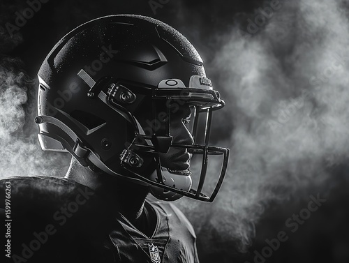 Black and White Football Player Helmet with Smoke Background