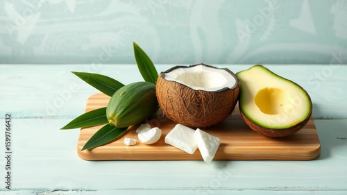 A halved coconut and avocado with green leaves are arranged on a wooden board, showcasing a healthy and tropical food concept