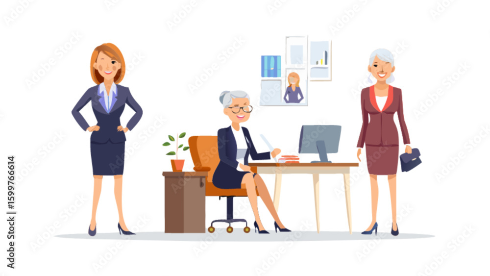 Obraz premium Three business women in suits in an office setting with a desk and computer and plant and pictures