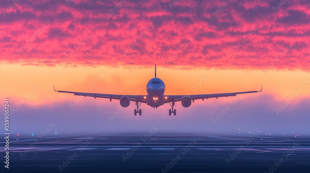 Fototapeta premium Majestic Airplane Landing at Dawn