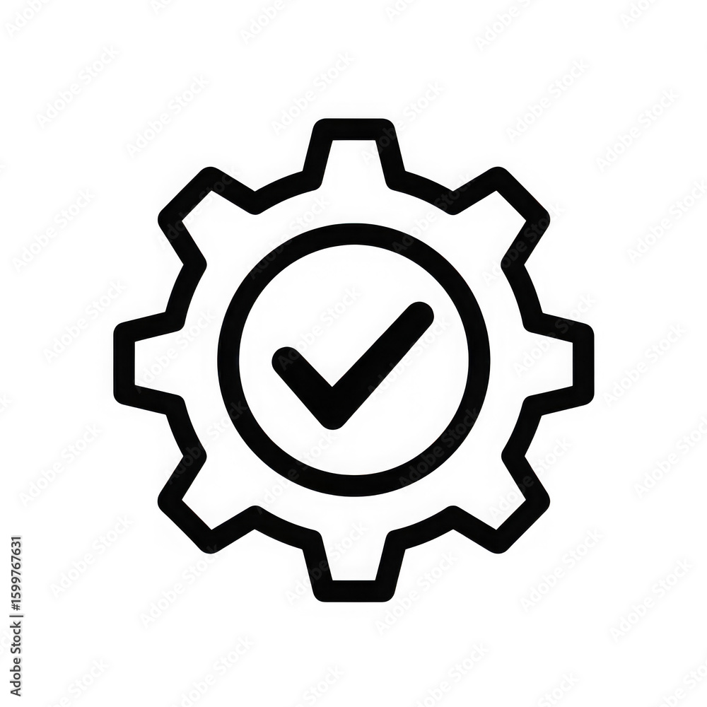 Illustration of a black and white icon shows a gear with a check mark inside a circle isolated on transparent background Illustration of a black and white icon shows a gear with a check mark inside a circle isolated on transparent background