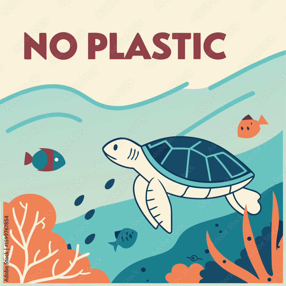 Naklejka premium Ocean Plea: A colorful illustration advocating for a plastic-free ocean, showcasing marine life thriving in a clean, healthy environment.