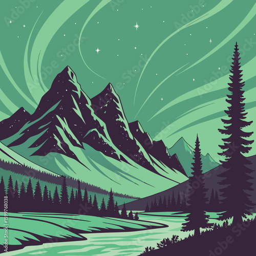 Northern Lights Mountain Scenery: A breathtaking vista of the aurora borealis dancing above majestic mountains and a tranquil river, evoking a sense of wonder and the sublime beauty of nature.