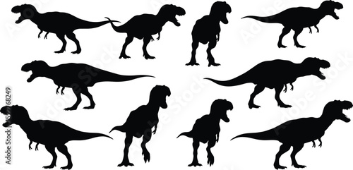 Tyrannosaurus rex dinosaur silhouette set, various walking and roaring poses, vector illustration for prehistoric, fossil, Jurassic, and dino-themed design