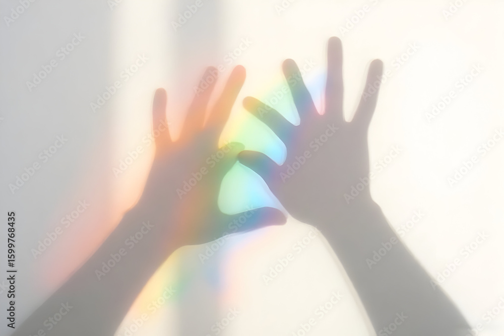 Fototapeta premium Hands Touching Rainbow Light on Wall Shadow Abstract