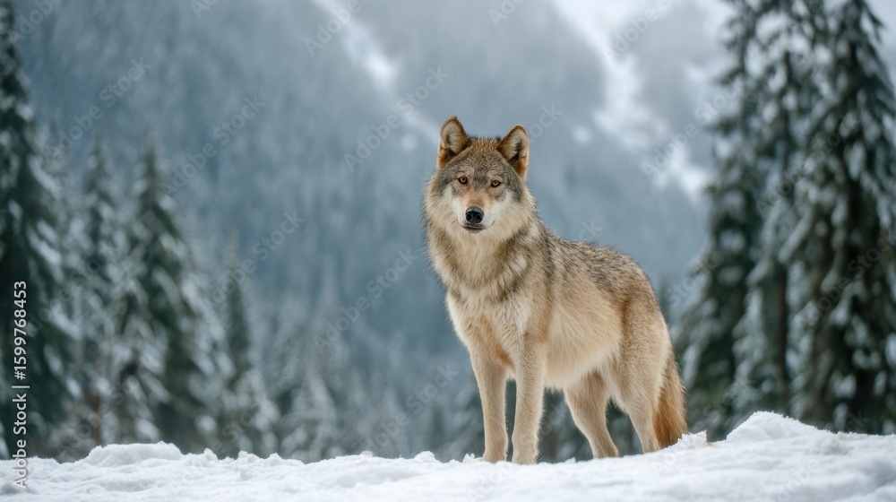 Fototapeta premium Wolf standing alert in snowy terrain with forest trees blurred in the background