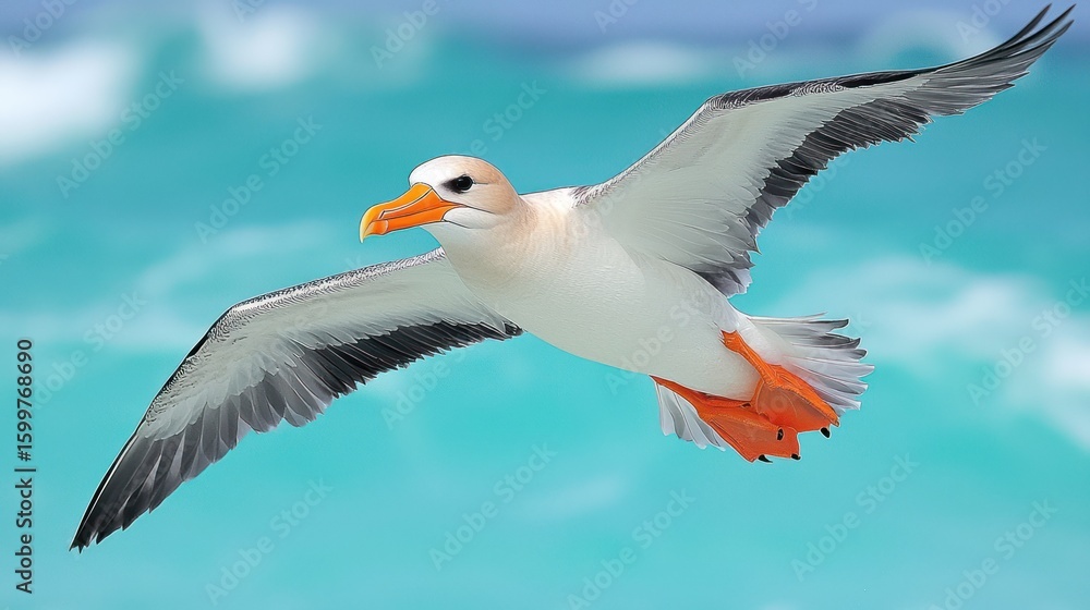 Obraz premium Magnificent White-bellied Storm-Petrel in Flight Over Turquoise Ocean