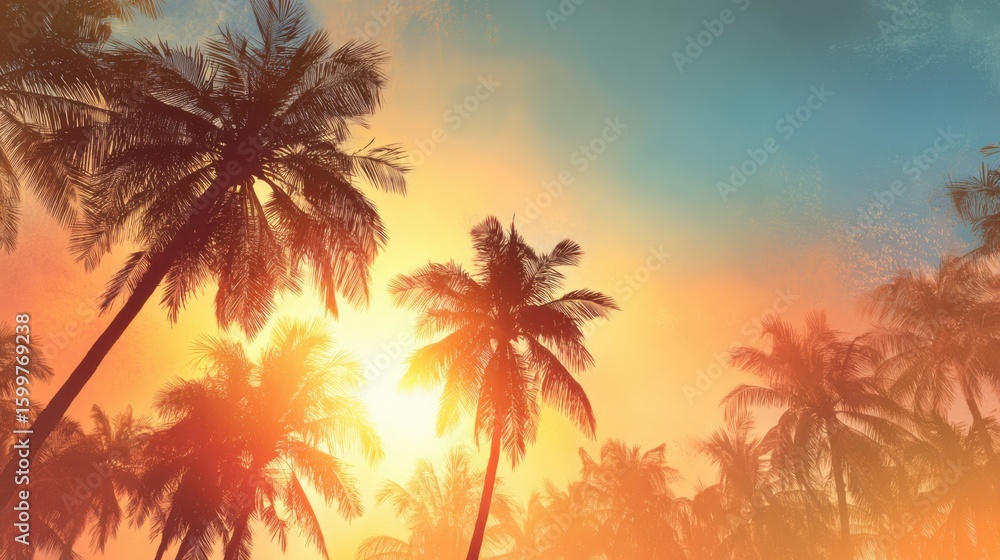 A brilliant sunset illuminates a tropical landscape filled with palm trees. The warm hues of orange and yellow blend beautifully against a serene blue sky, creating a peaceful atmosphere. A brilliant sunset illuminates a tropical landscape filled with palm trees. The warm hues of orange and yellow blend beautifully against a serene blue sky, creating a peaceful atmosphere.