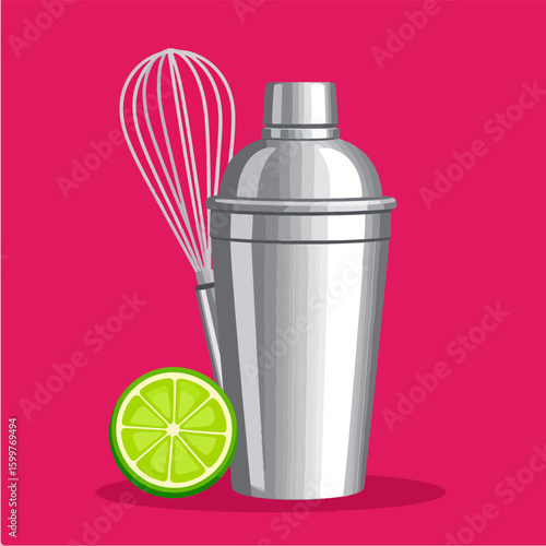 Cocktail shaker, whisk, and lime illustration on a pink background creates a stylish, vibrant image suitable for bar promotions, drink recipes, and summer themed designs.