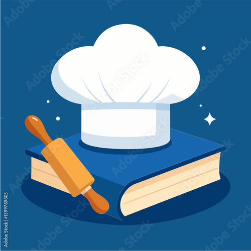 Vector illustration of a chef's hat on a recipe book with a rolling pin, perfect for culinary themes, recipes, cooking classes, and food blogs, with a clean and minimalist design.